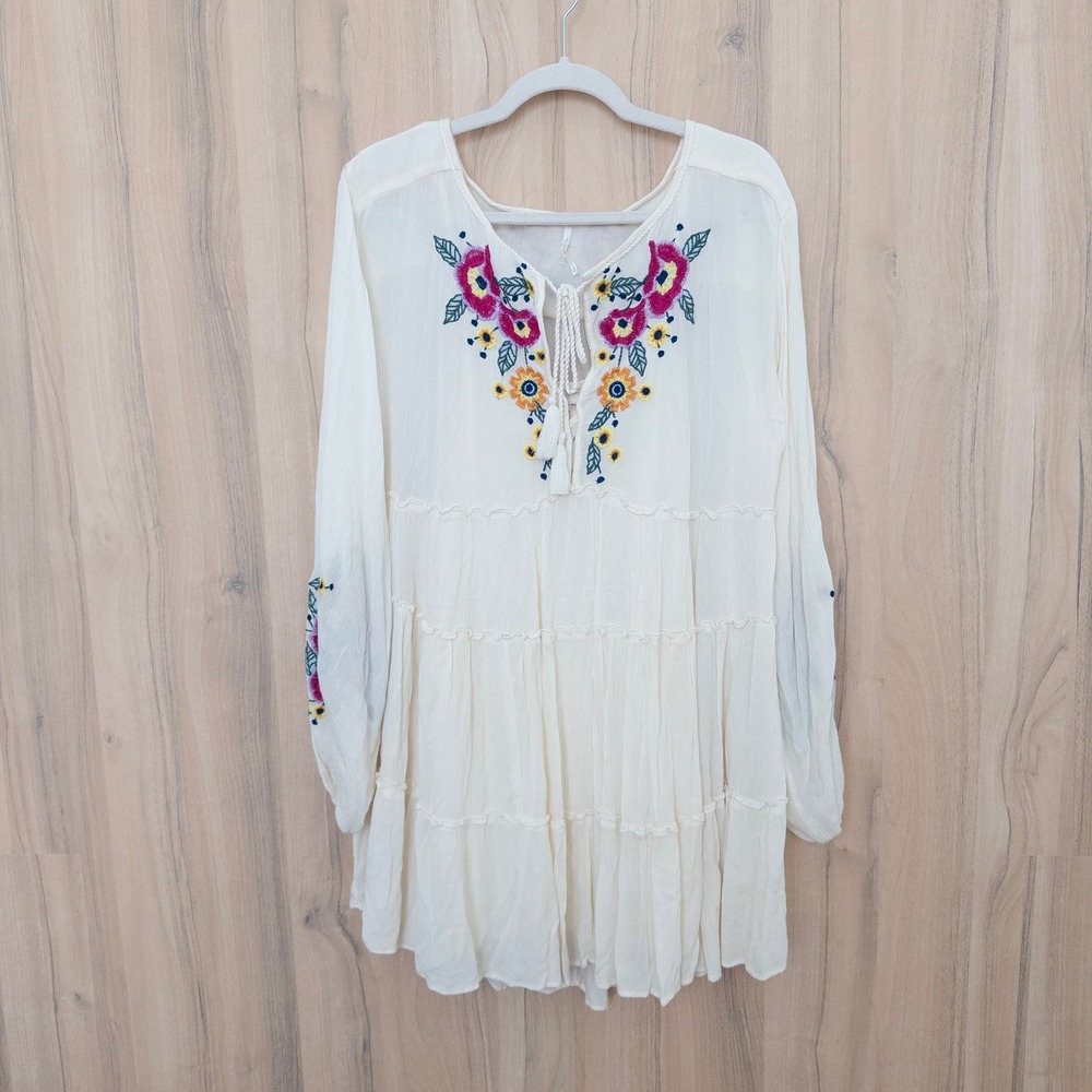 Free People Spell On You Dress S Ivory Floral Embroidered Tiered Boho Peasant